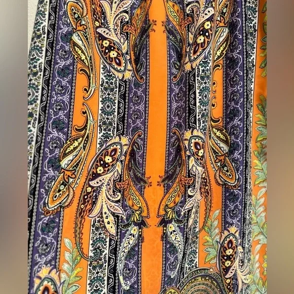 Tyche Maxi Skirt. Floral Paisley Stripes Slits on Sides, Orange, Purple. Large. - Picture 10 of 16